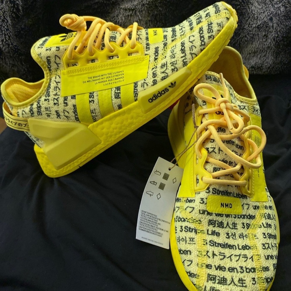 Adidas Yellow NMD Sneakers with Text Design